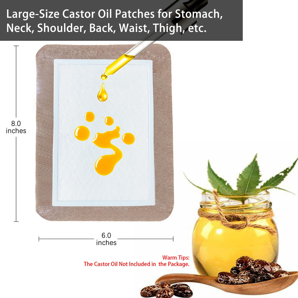 Castor oil patch showing 8x6 inch size with 6x4 inch inner pad