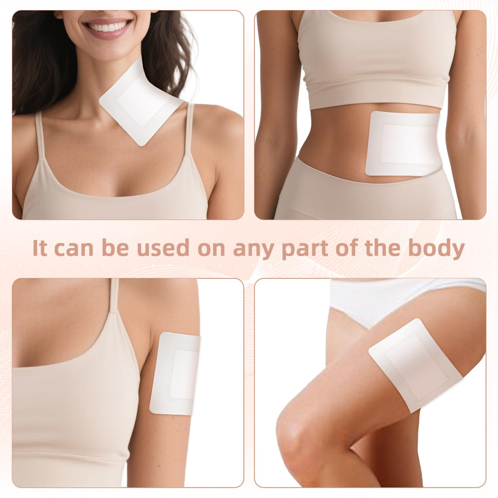 Castor oil patches applied to abdomen, knee, and feet