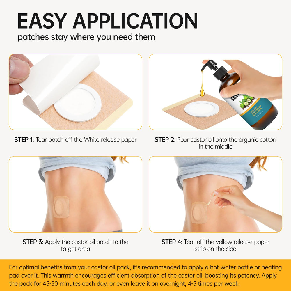 Travel-friendly single-use castor oil patches in packaging