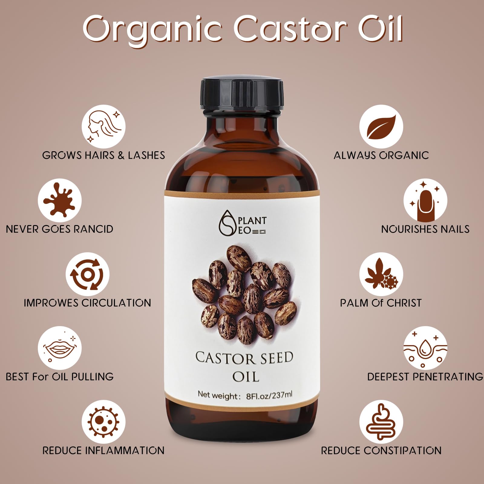 Amber glass bottle of 100% pure organic castor oil (8 oz / 237 ml)