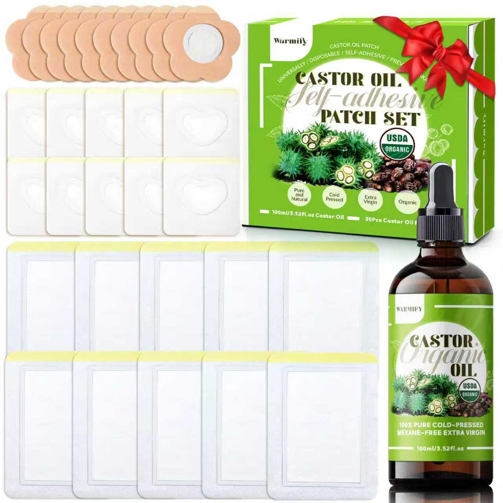 Castor oil patches kit with glass bottle and patches