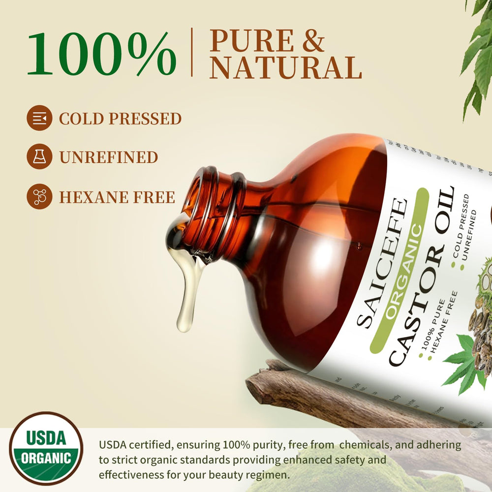 8 oz organic cold-pressed castor oil in amber glass bottle