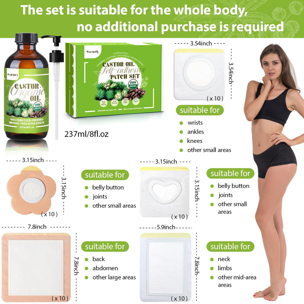 Pack contents showing 50 patches and glass bottle