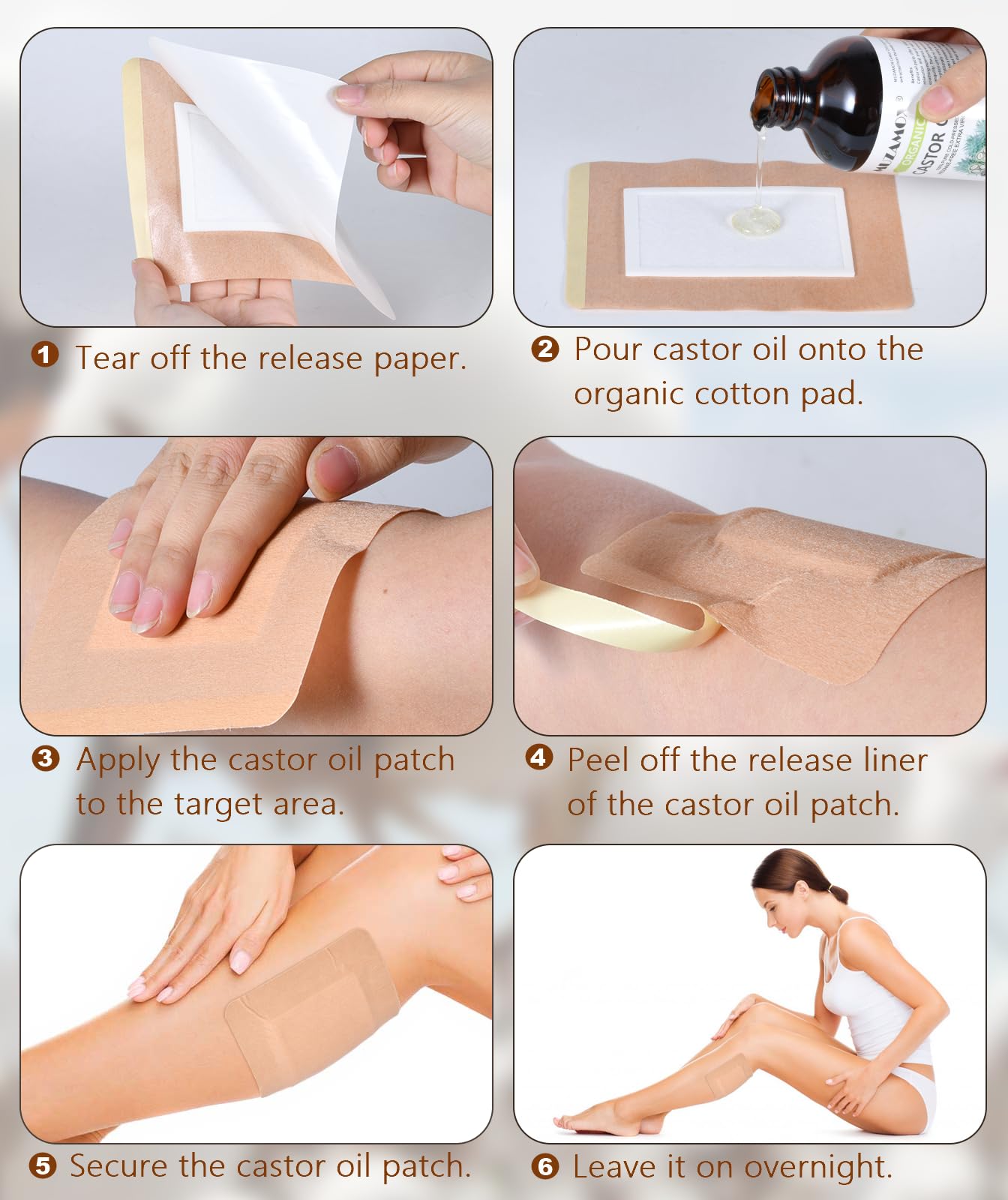 Castor oil patches in multiple sizes for liver, stomach, neck and small areas
