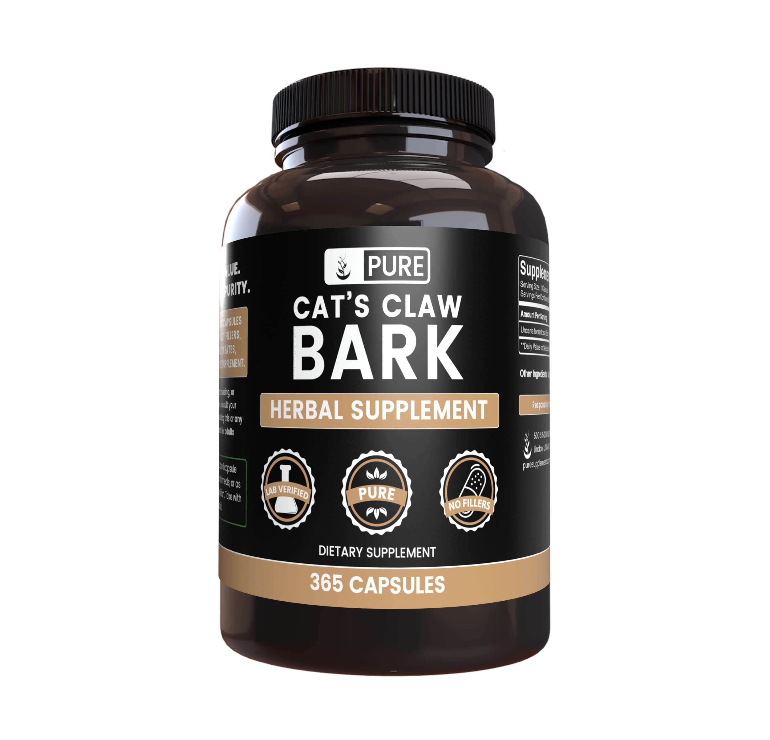 Bottle of Cat's Claw Bark 365 Capsules with product label