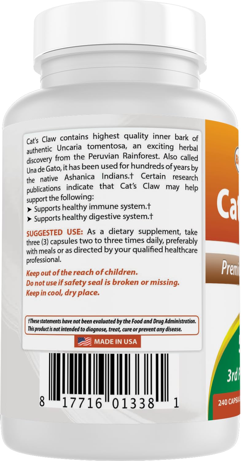 Close-up of Cat's Claw 500 mg capsule bottle