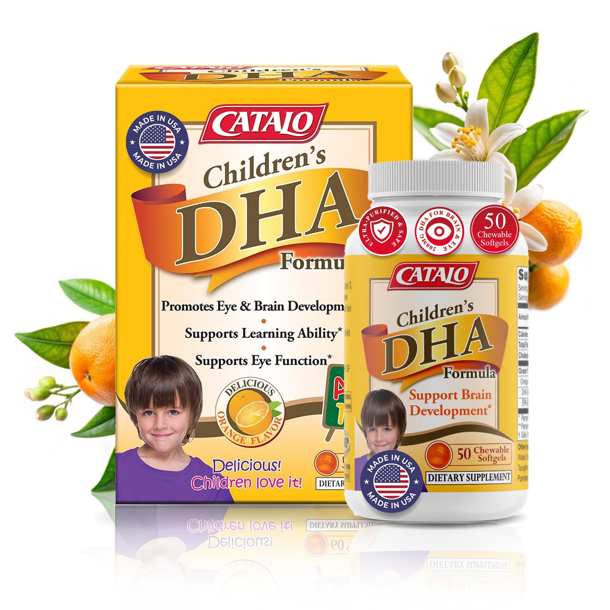 CATALO Children's DHA Formula orange-flavored chewable softgels, 200mg DHA per serving, 50 count