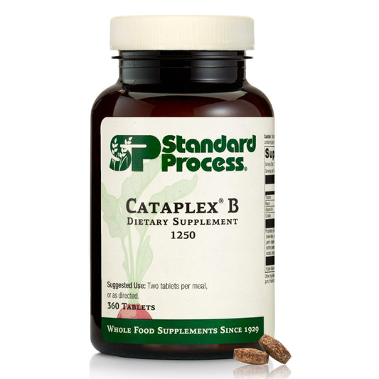 Front view of Standard Process Cataplex B bottle containing 360 tablets