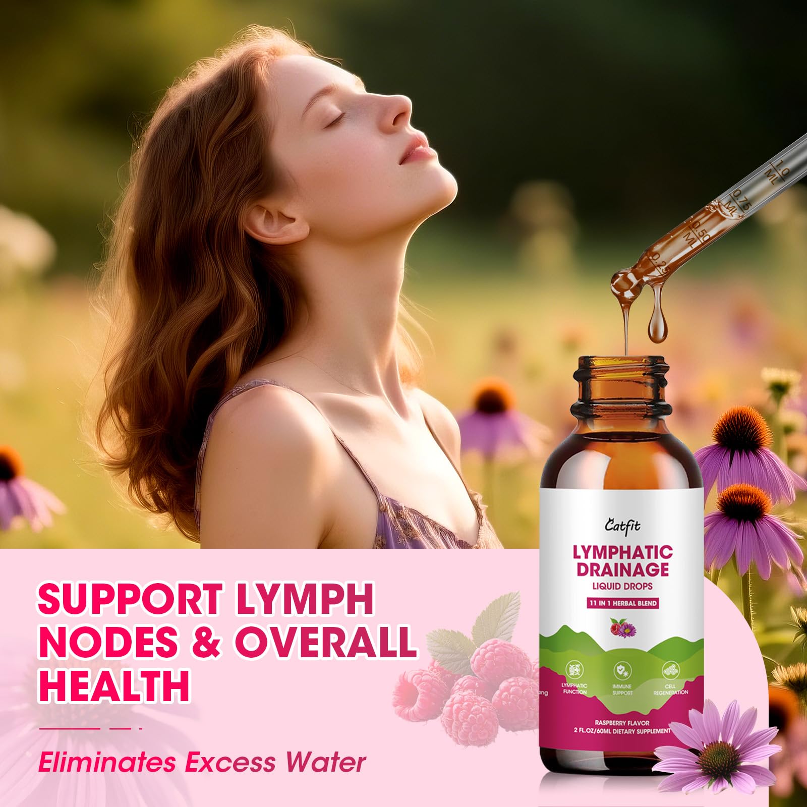 Catfit Lymphatic Drainage Drops bottle label with non-GMO claim