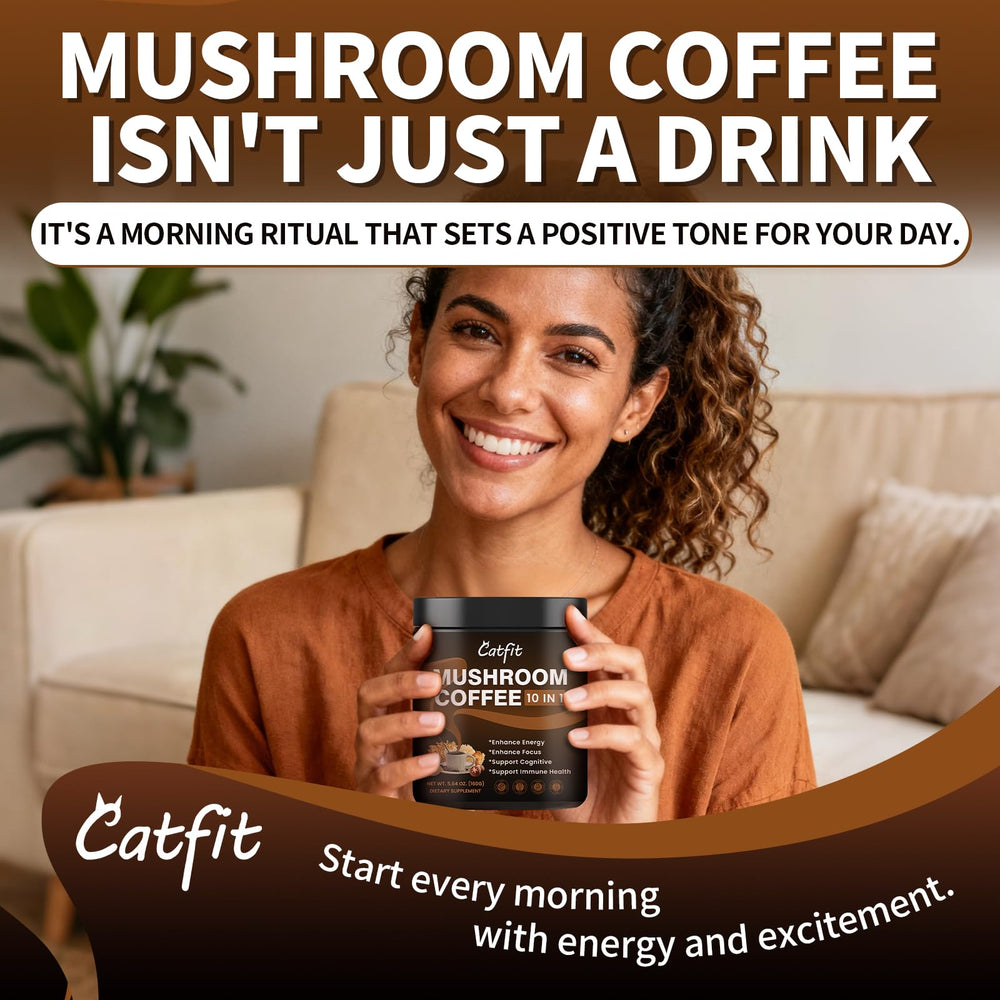Jar of Mushroom Coffee blend with no artificial colors, gluten, or dairy