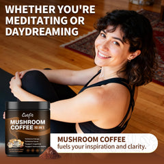 Lifestyle image: mug of Catfit Mushroom Coffee in morning light