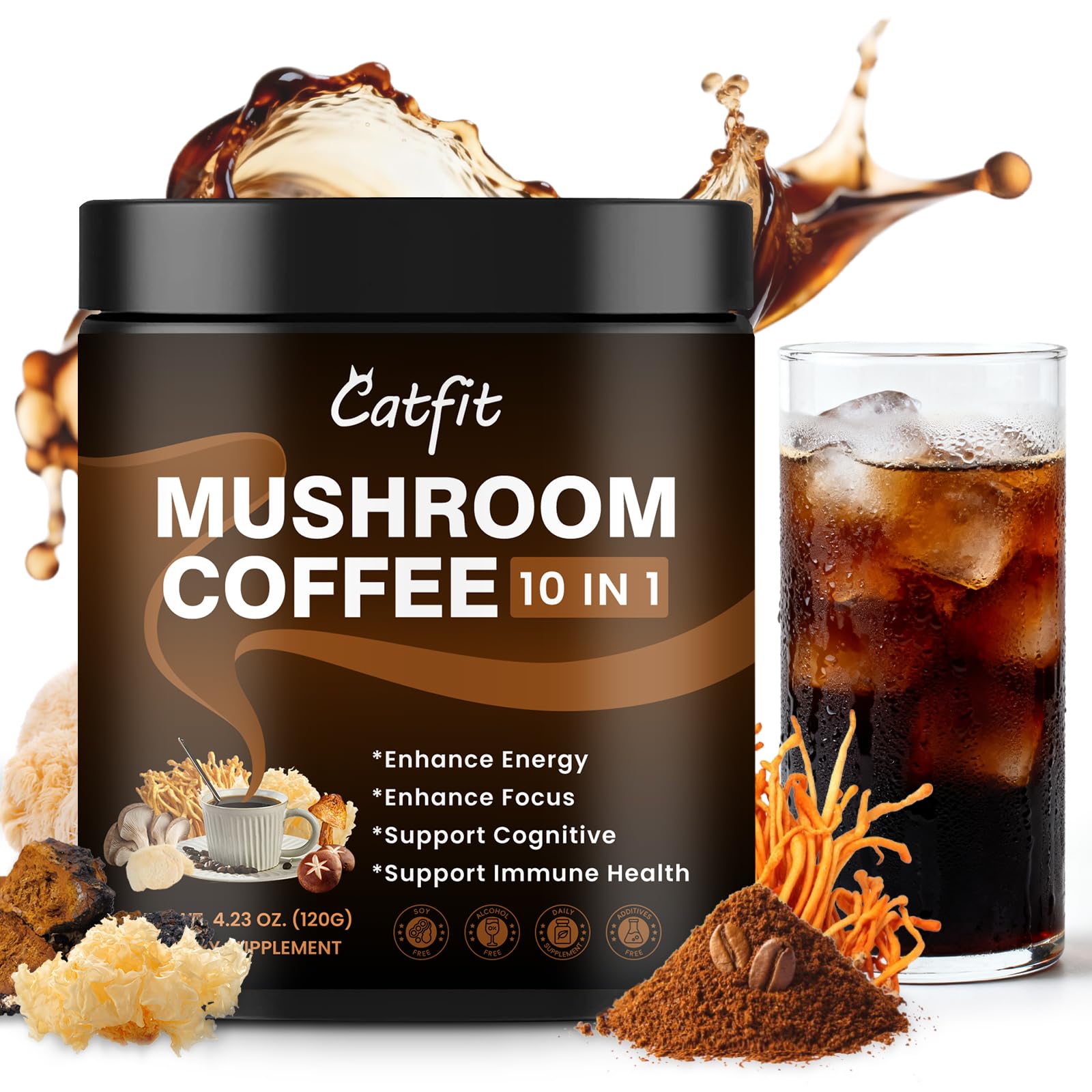 Packaging and brand artwork for Catfit Mushroom Coffee