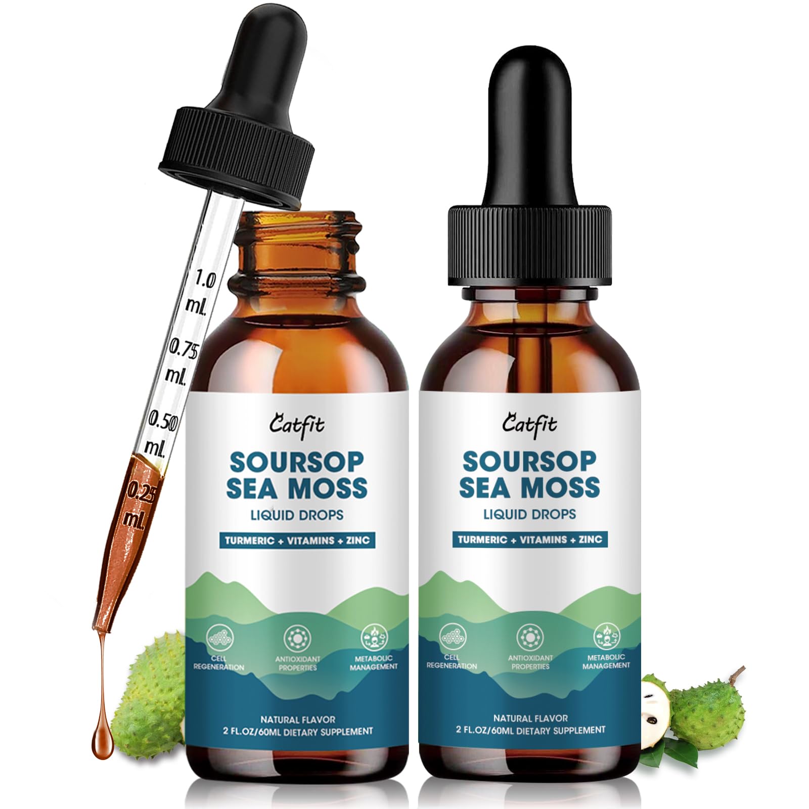 Catfit Soursop Graviola Liquid Drops 2-pack bottle front view on white