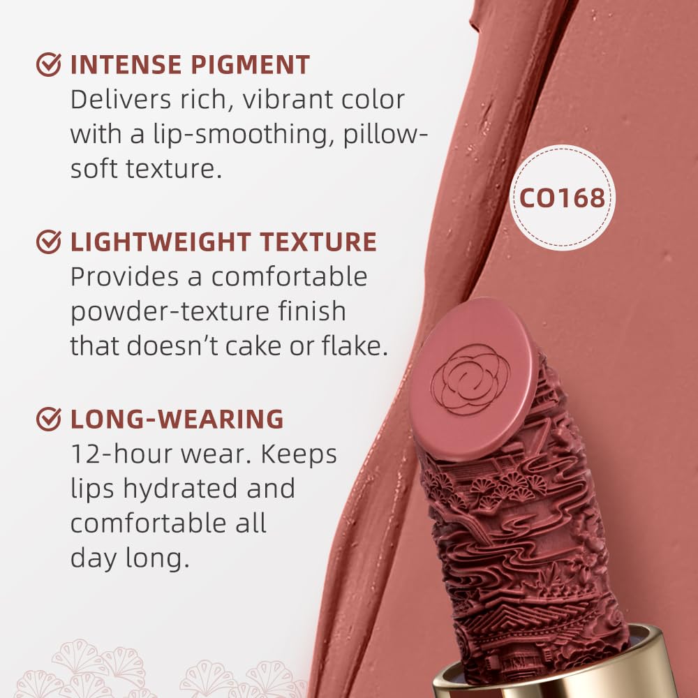 Catkin Moist Lipstick matte finish on lips demonstrates long-wearing, smudge-proof color.