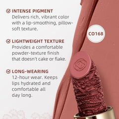 Catkin Moist Lipstick matte finish on lips demonstrates long-wearing, smudge-proof color.