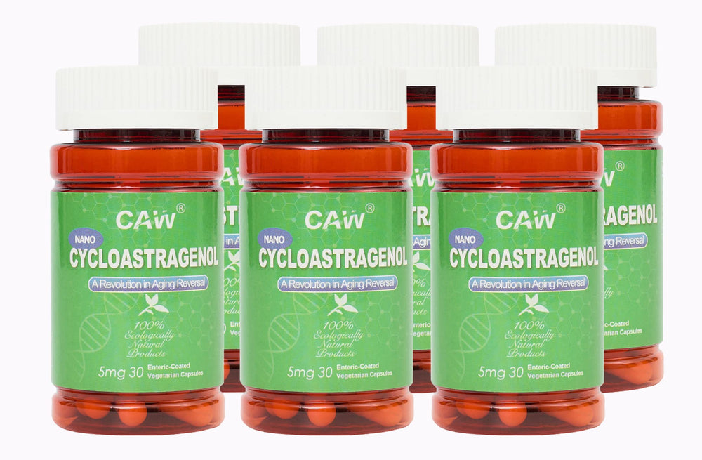 Close-up of CAW Nano Cycloastragenol enteric-coated capsules