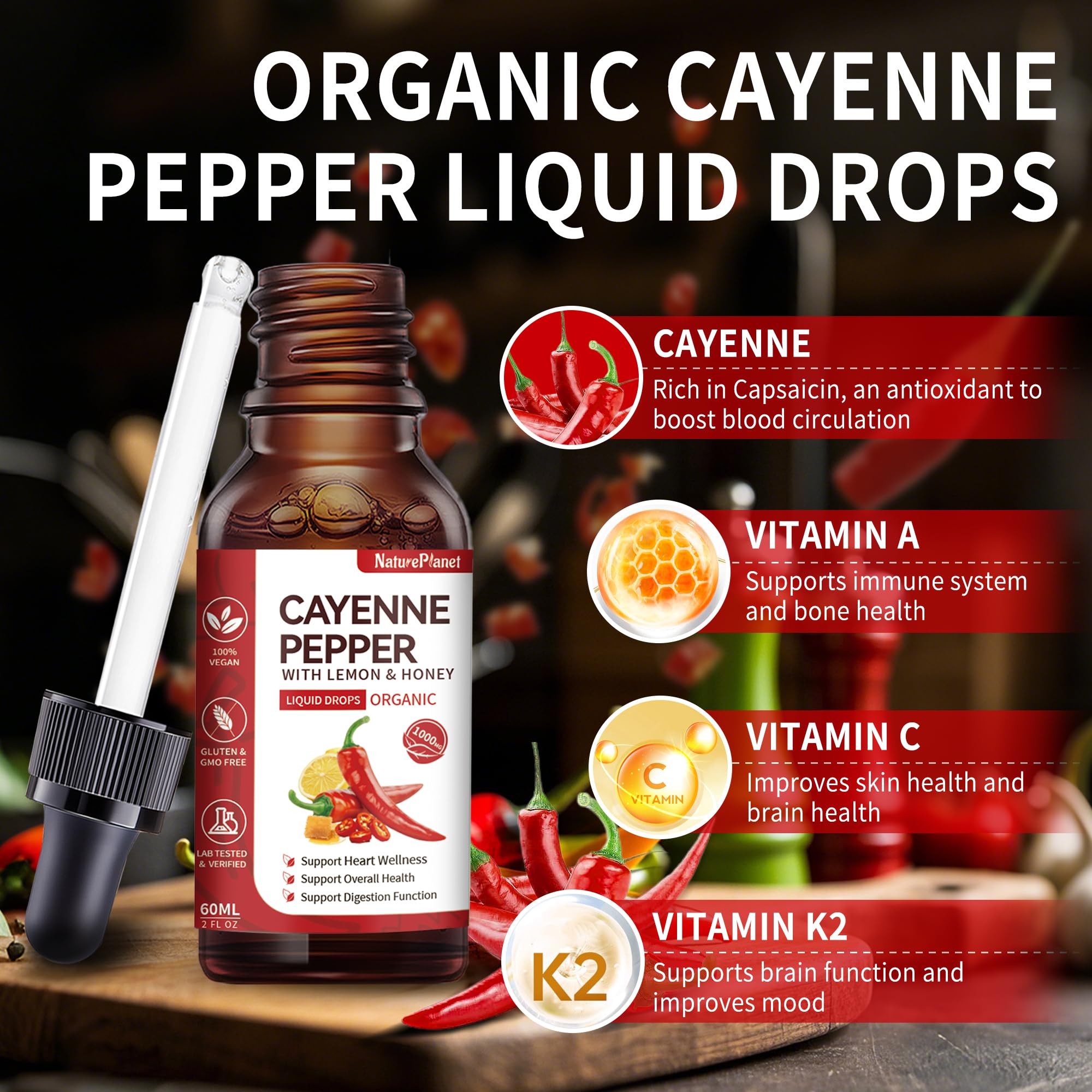Ingredient visualization showing cayenne, lemon, and honey