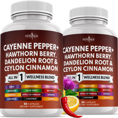 Cayenne pepper capsules bottle on white background