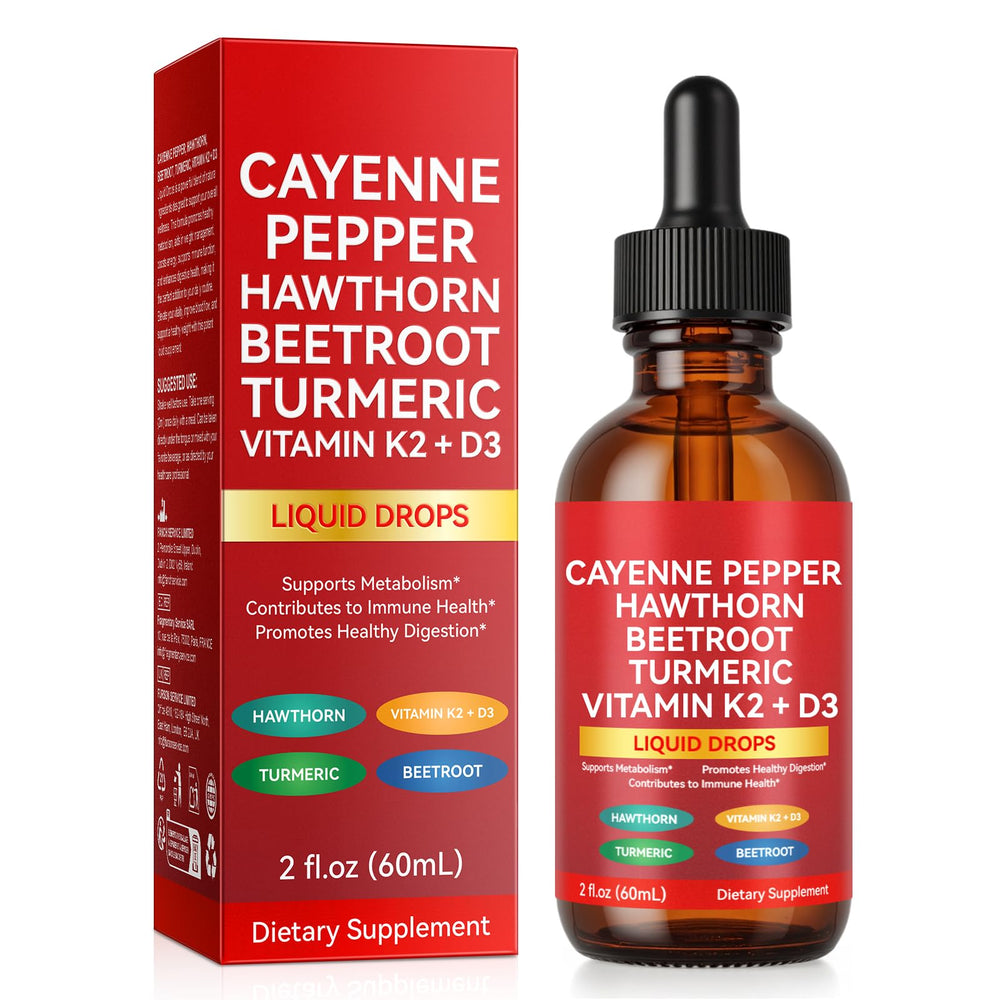 Bottle of Cayenne Pepper Drops with herbal blend and dropper