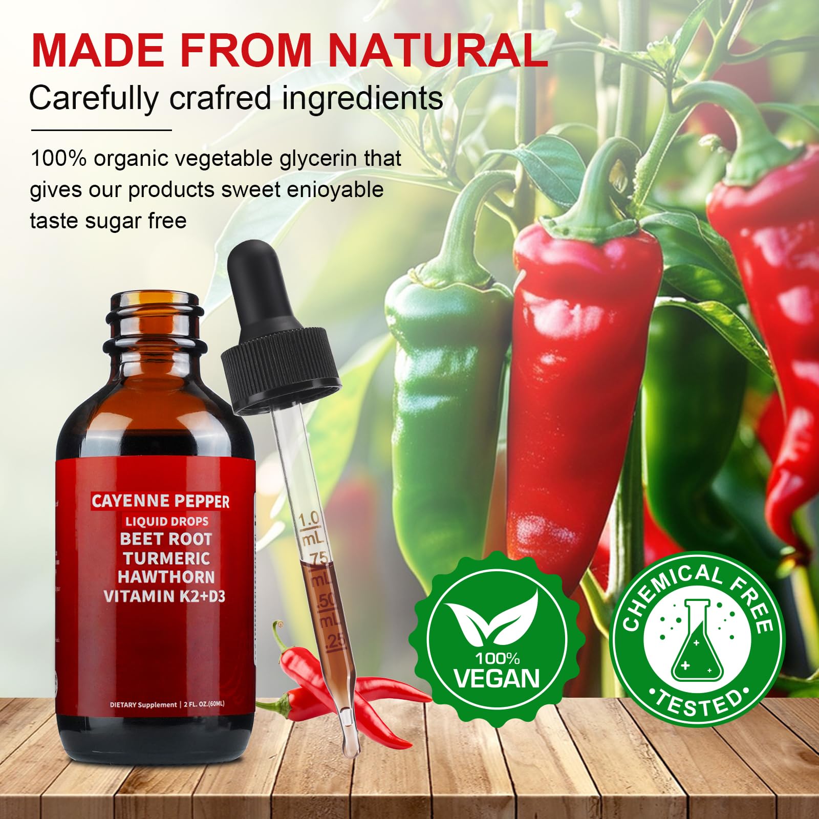 60ml Cayenne Pepper Drops bottle beside packaging and benefits text