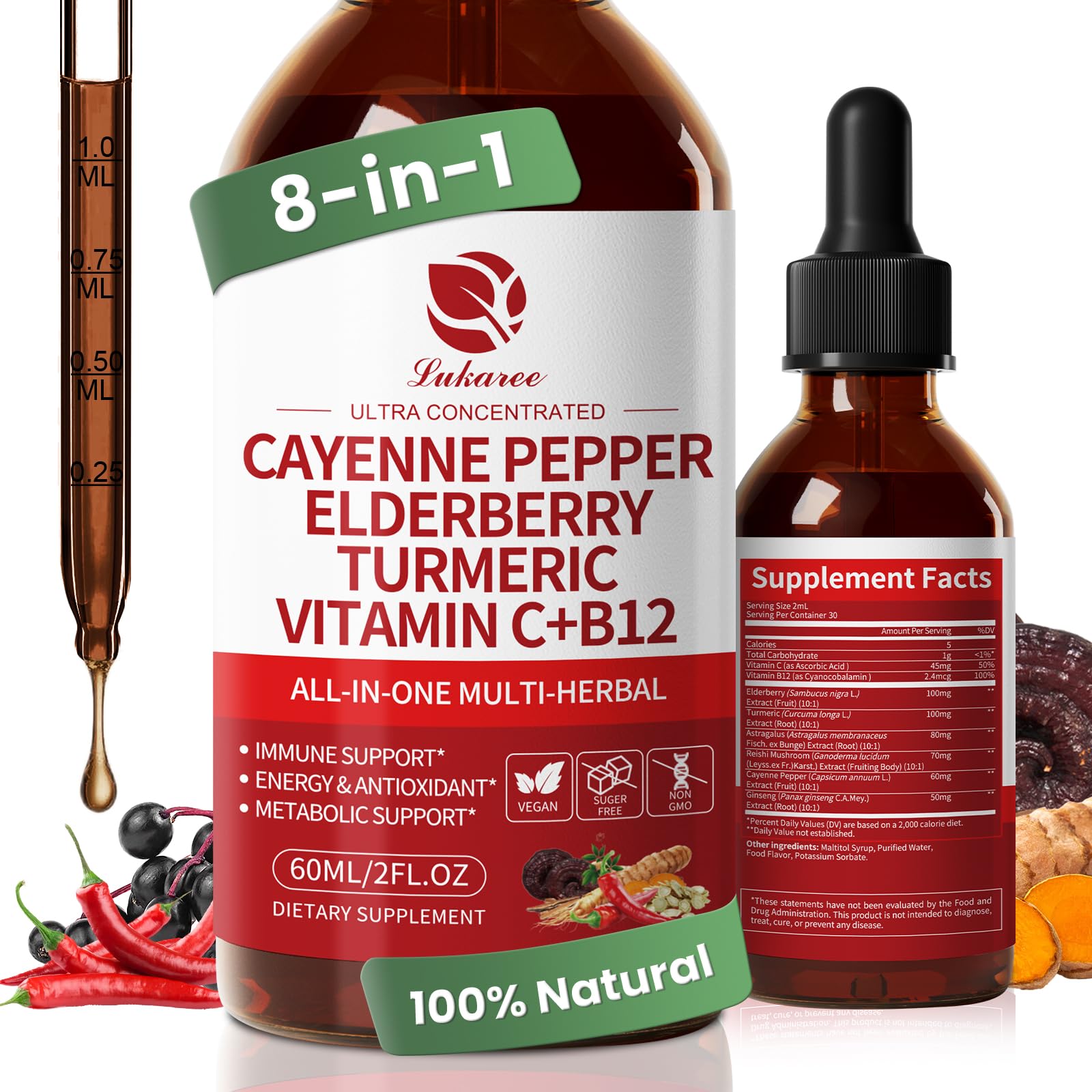Front view of Cayenne Pepper Drops 8-in-1 Berry flavor bottle (2 oz).