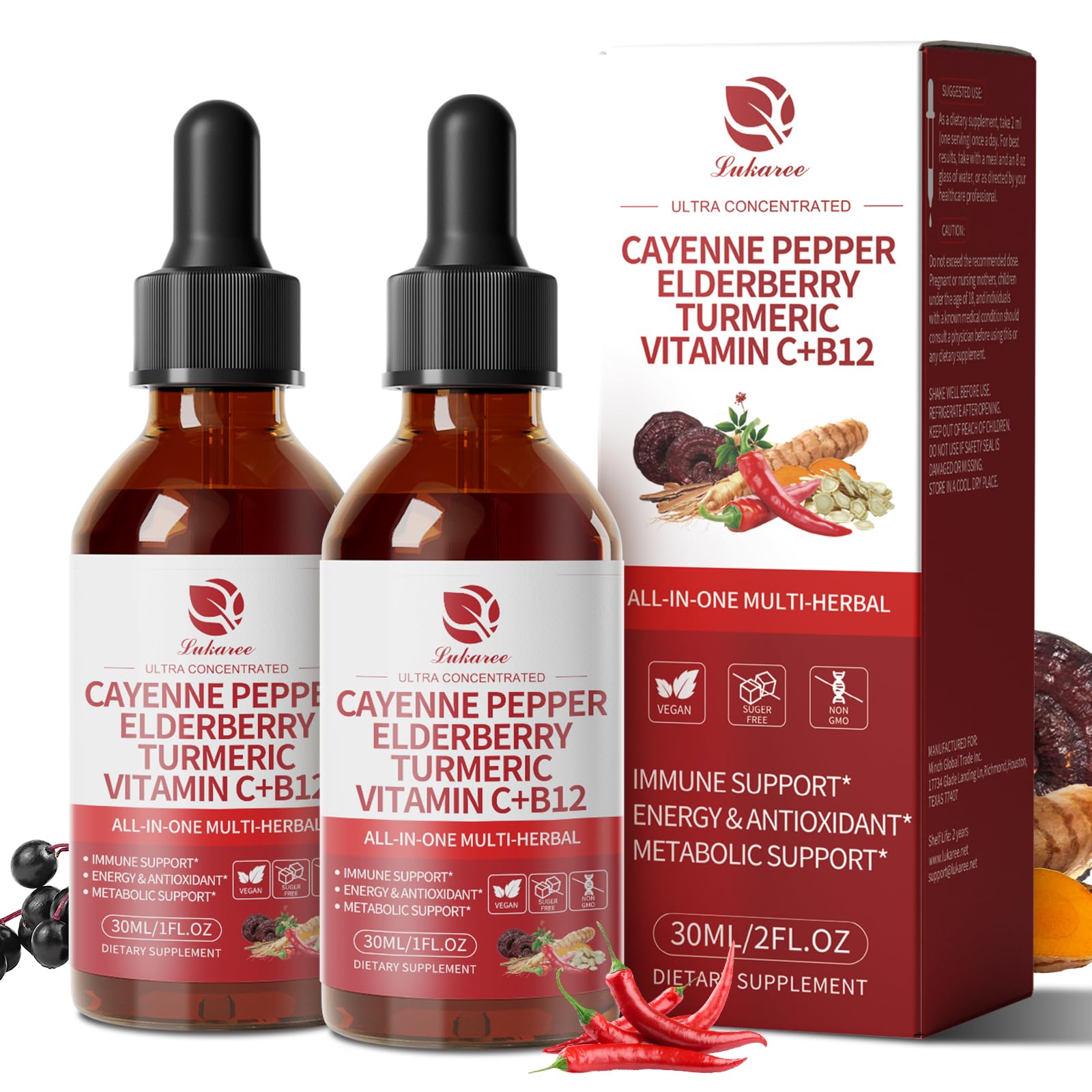 Two-pack Cayenne Pepper Drops bottle set with 8-in-1 formula featuring elderberry and turmeric
