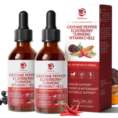 Two-pack Cayenne Pepper Drops bottle set with 8-in-1 formula featuring elderberry and turmeric