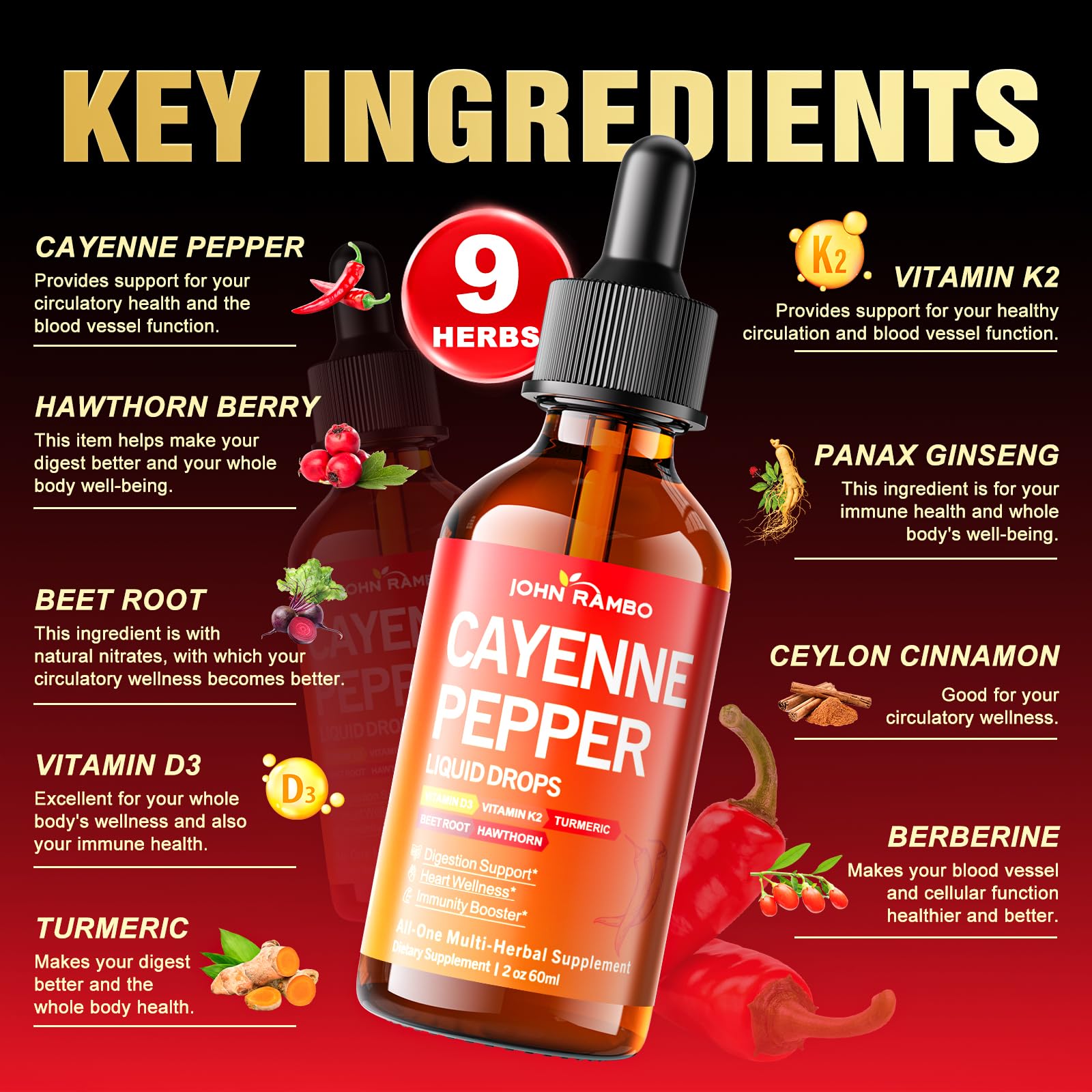 Vitamin K2 and D3 ingredients highlighted beside cayenne drops