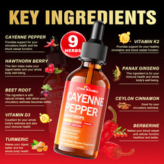 Vitamin K2 and D3 ingredients highlighted beside cayenne drops