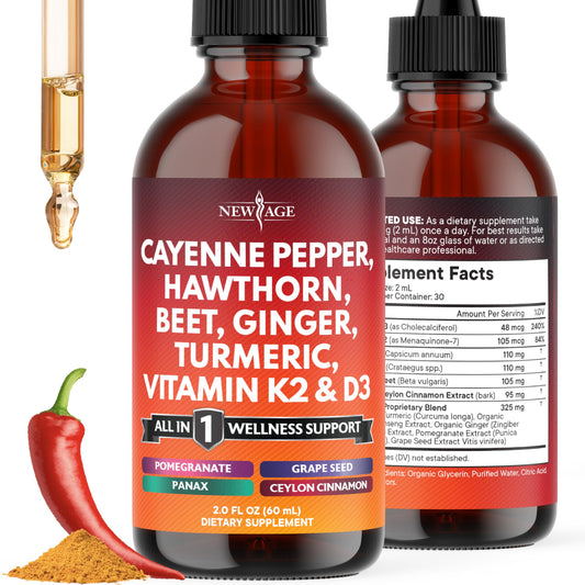 Bottle of cayenne pepper liquid drops with hawthorn berry and D3 K2 (2oz).
