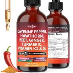Bottle of cayenne pepper liquid drops with hawthorn berry and D3 K2 (2oz).