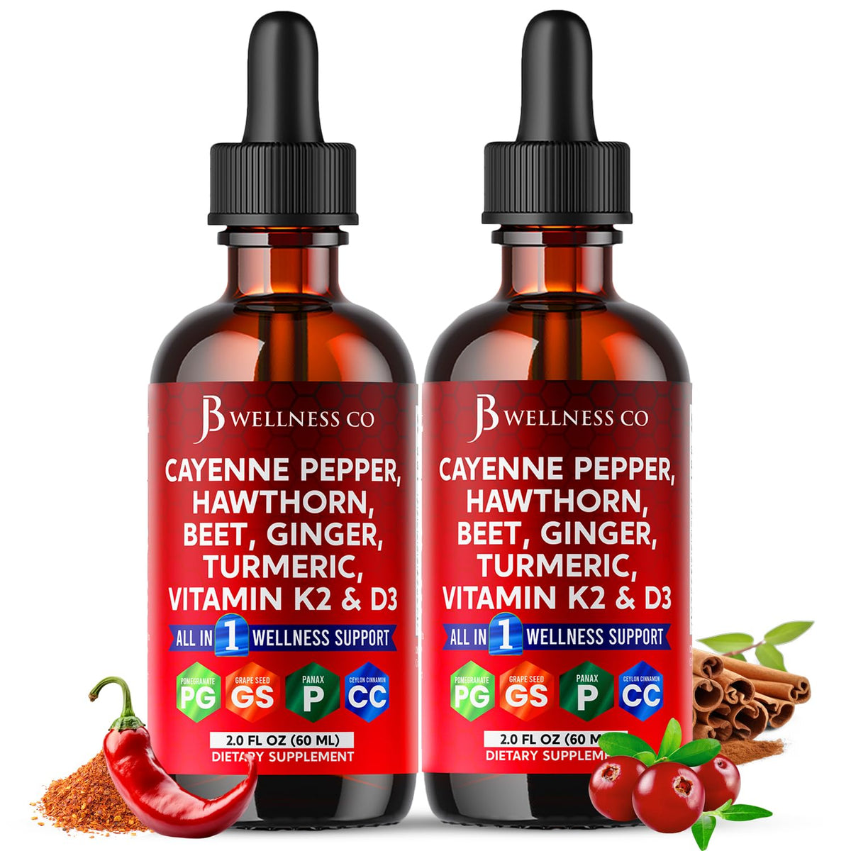 4oz Cayenne Pepper Liquid Drops bottle with Hawthorn Berry and D3 K2