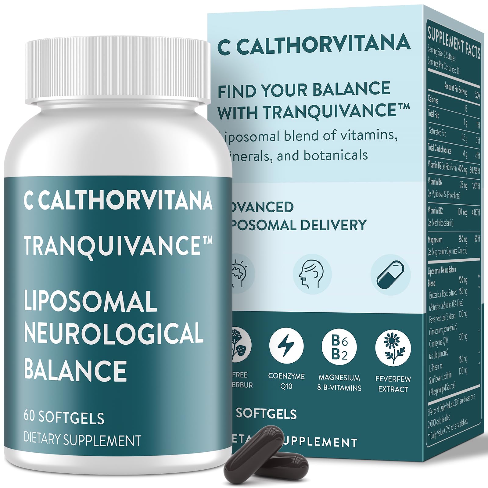 Front view of C Calthorvitana Migraine Relief softgel bottle