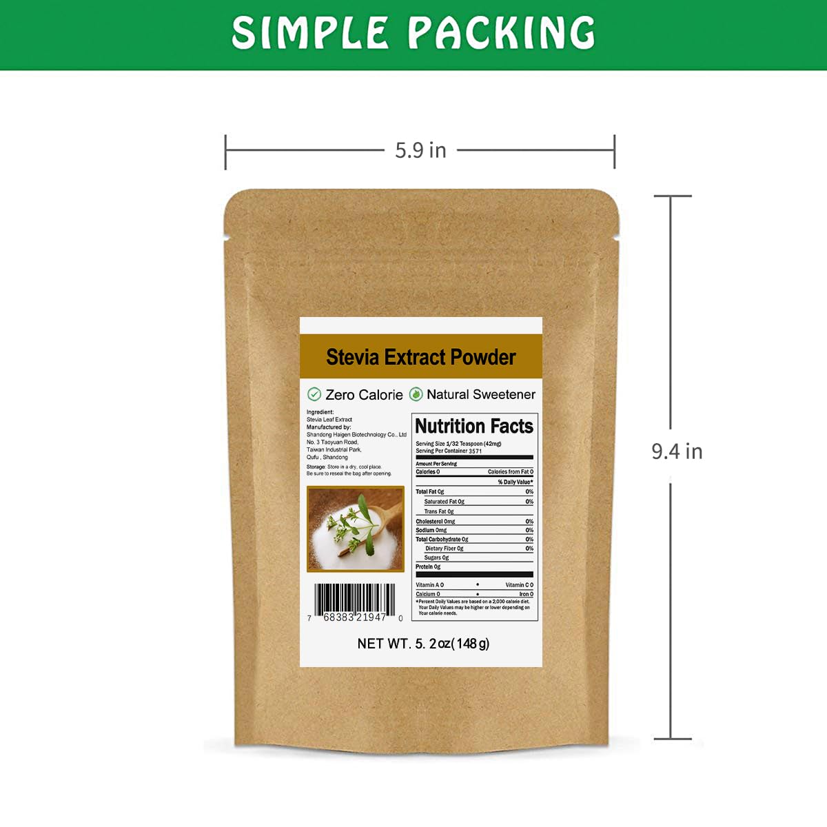 Kraft resealable packaging keeping CCnature Stevia powder fresh