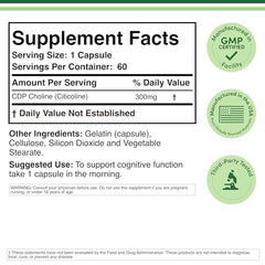 CDP Choline capsules showing 60-count per bottle and 300 mg dosage