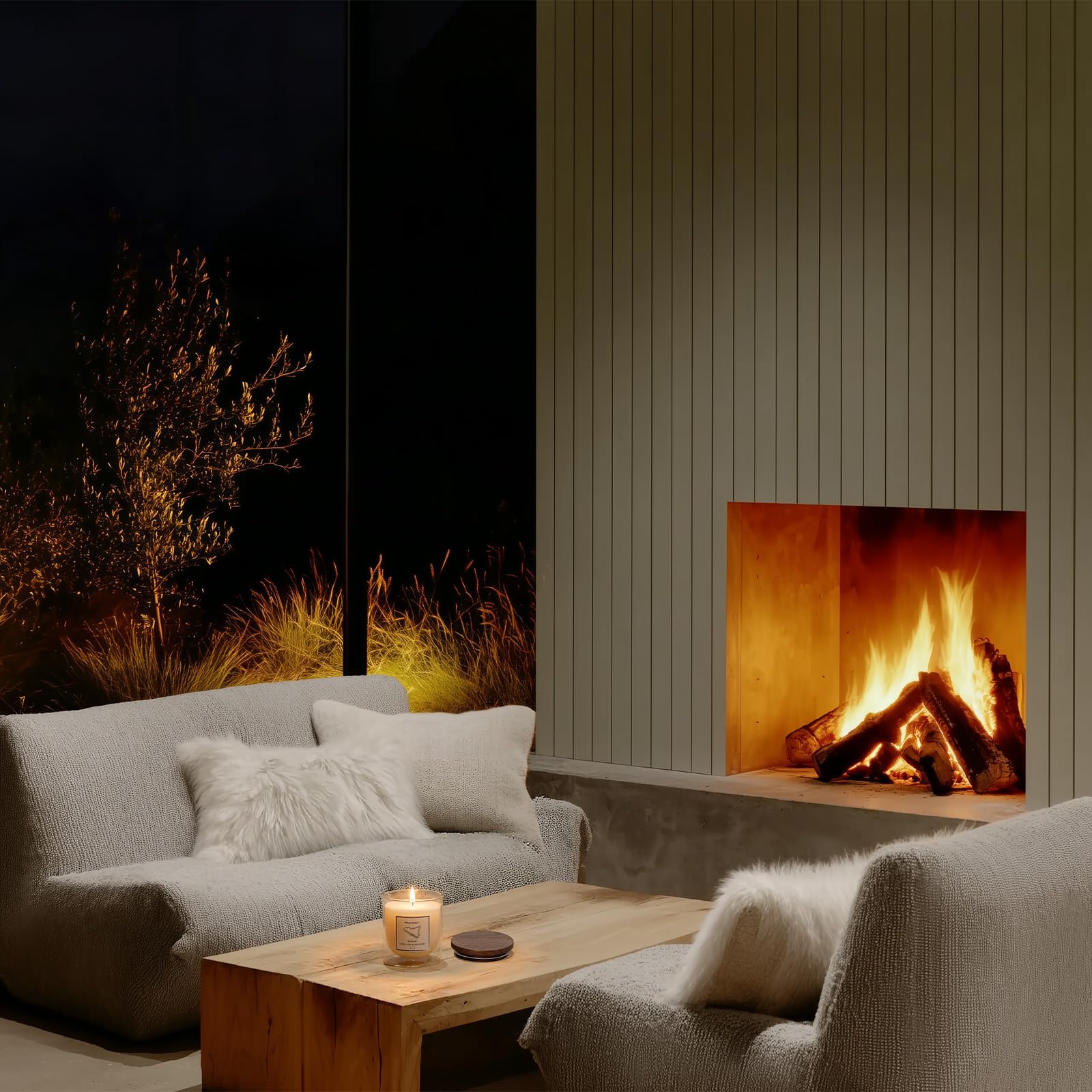 Burning Cedar Candle creating cozy glow with smoky scent