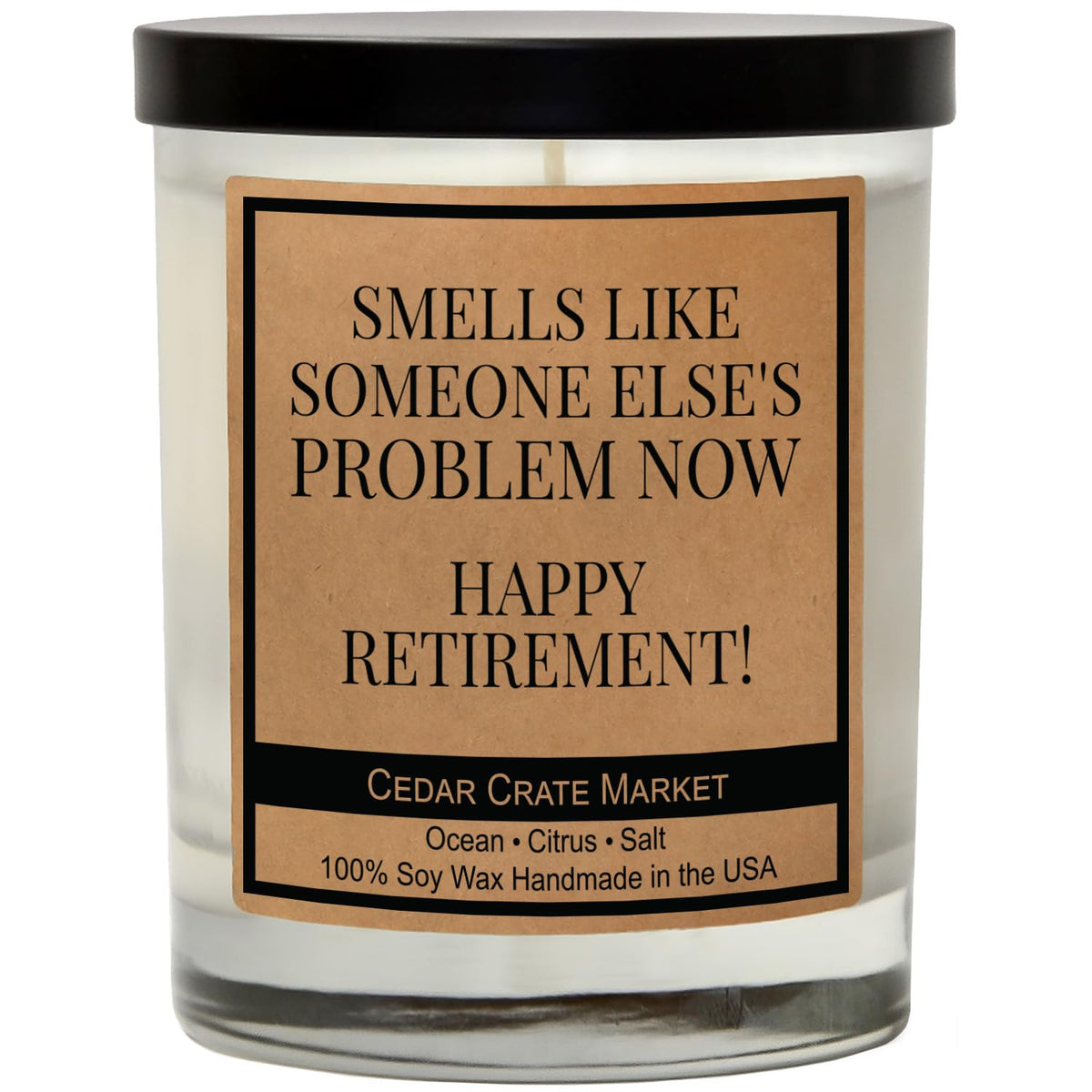cedar crate market retirement candle in glass jar for long-lasting home ambience.