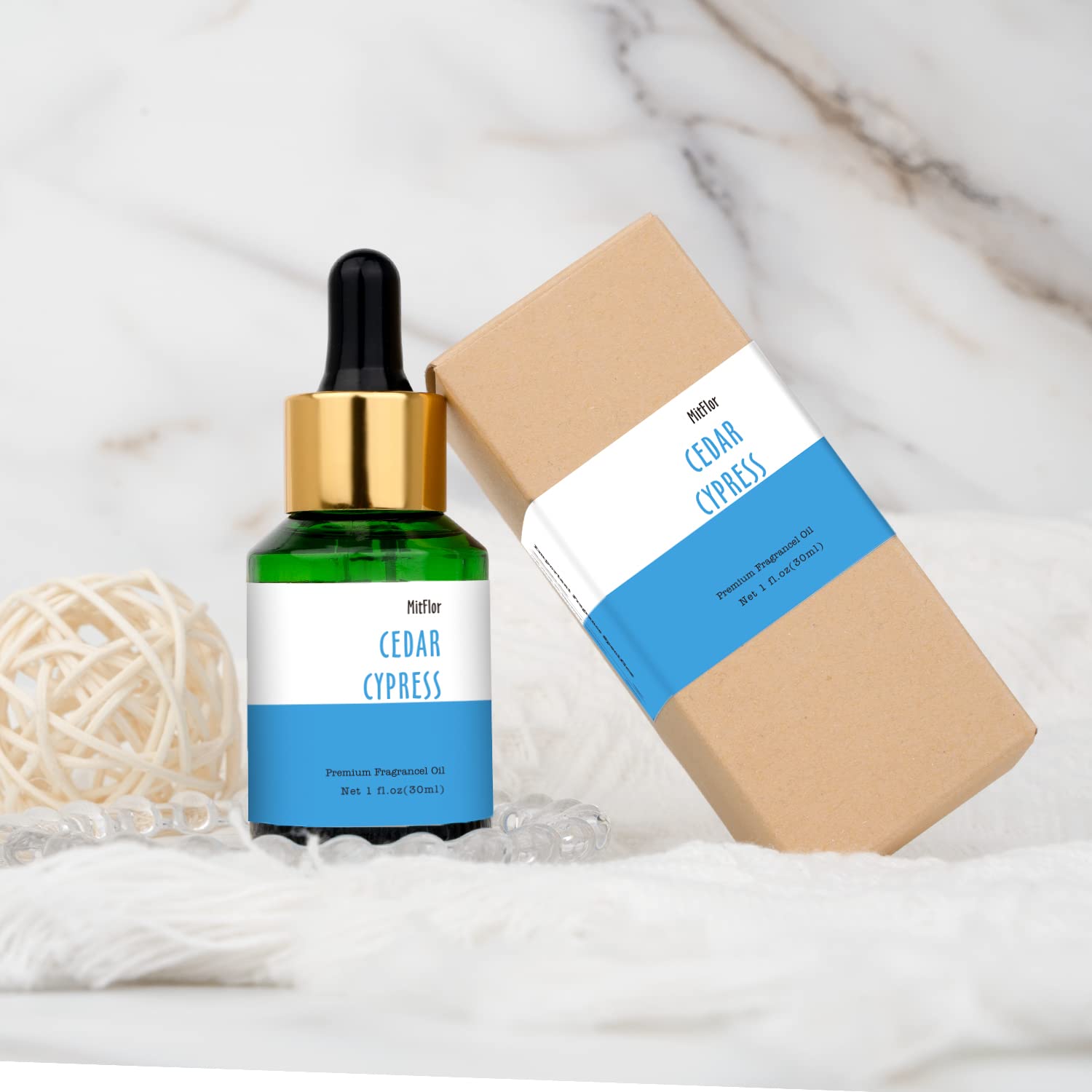 Assorted MitFlor fragrance oils in 10ml, 30ml, and 100ml sizes