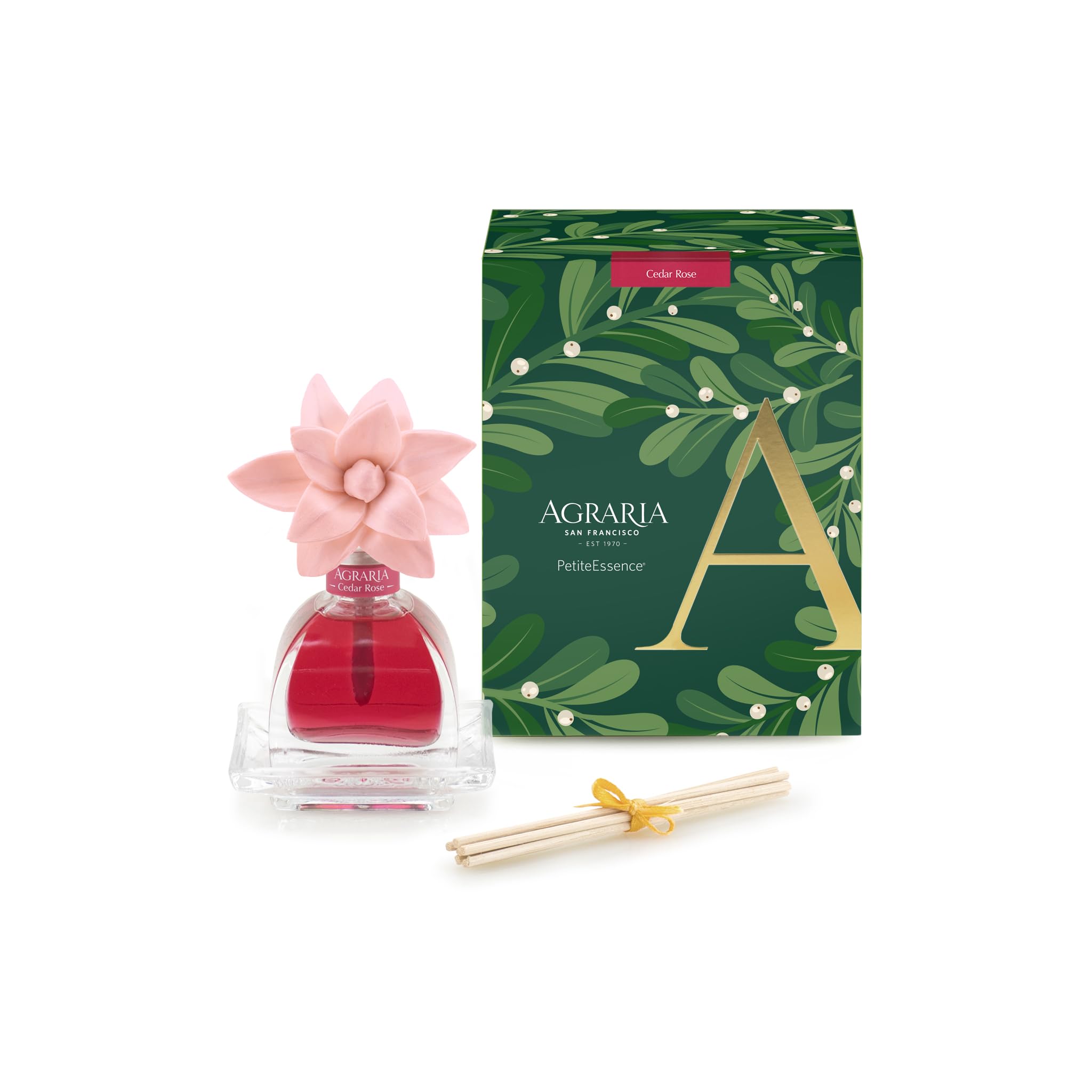 Cedar Rose Holiday PetiteEssence diffuser bottle with sola flowers