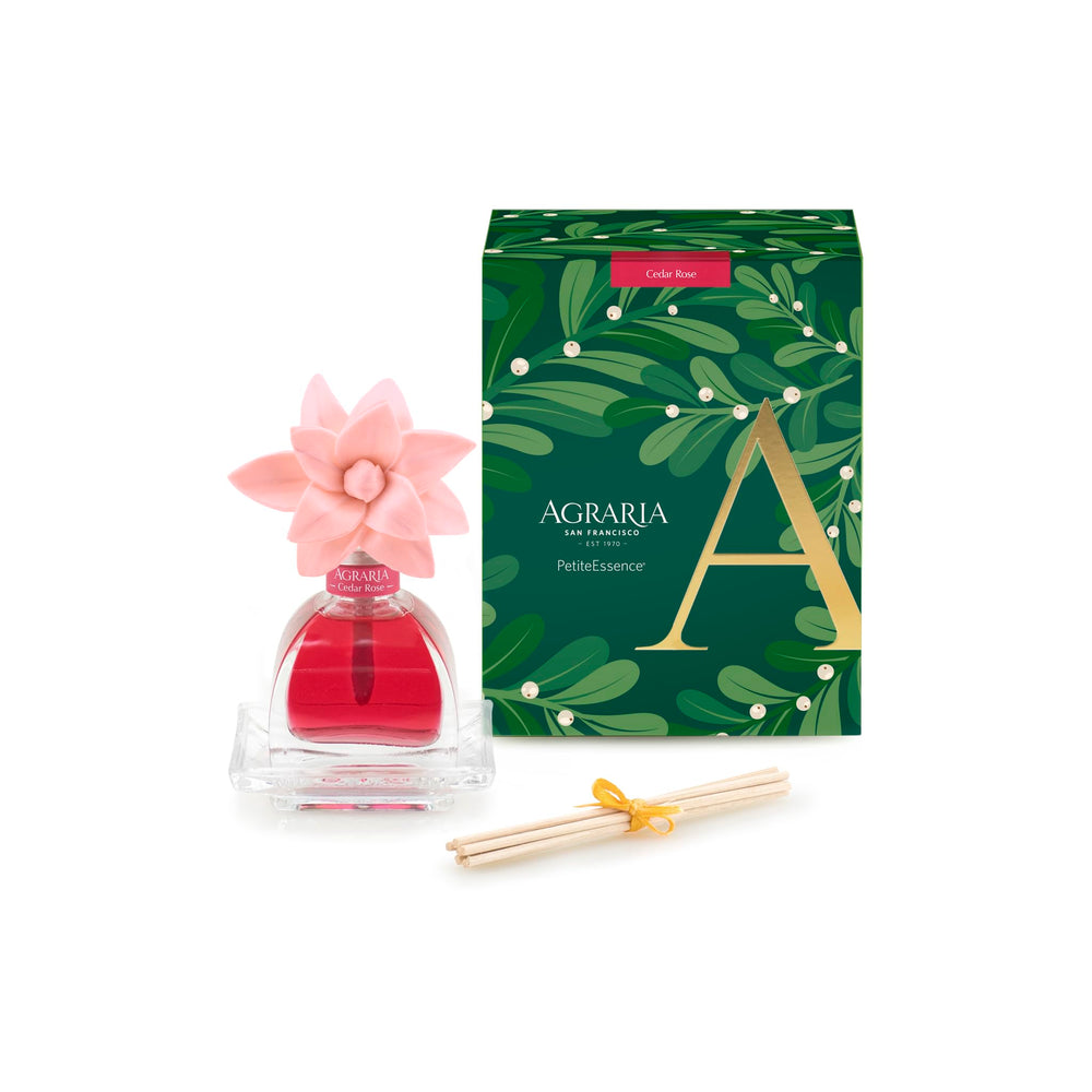 Cedar Rose Holiday PetiteEssence diffuser bottle with sola flowers