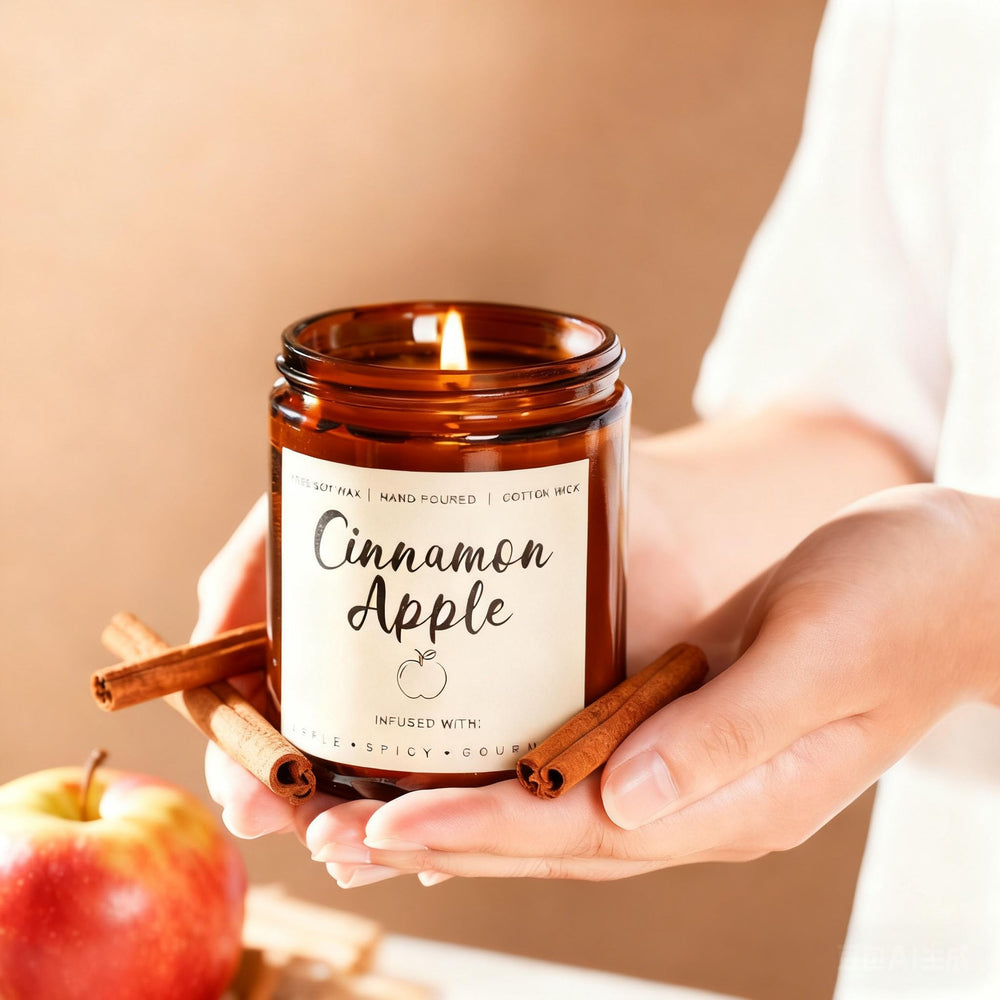 Cedar scented soy candle in cozy living room