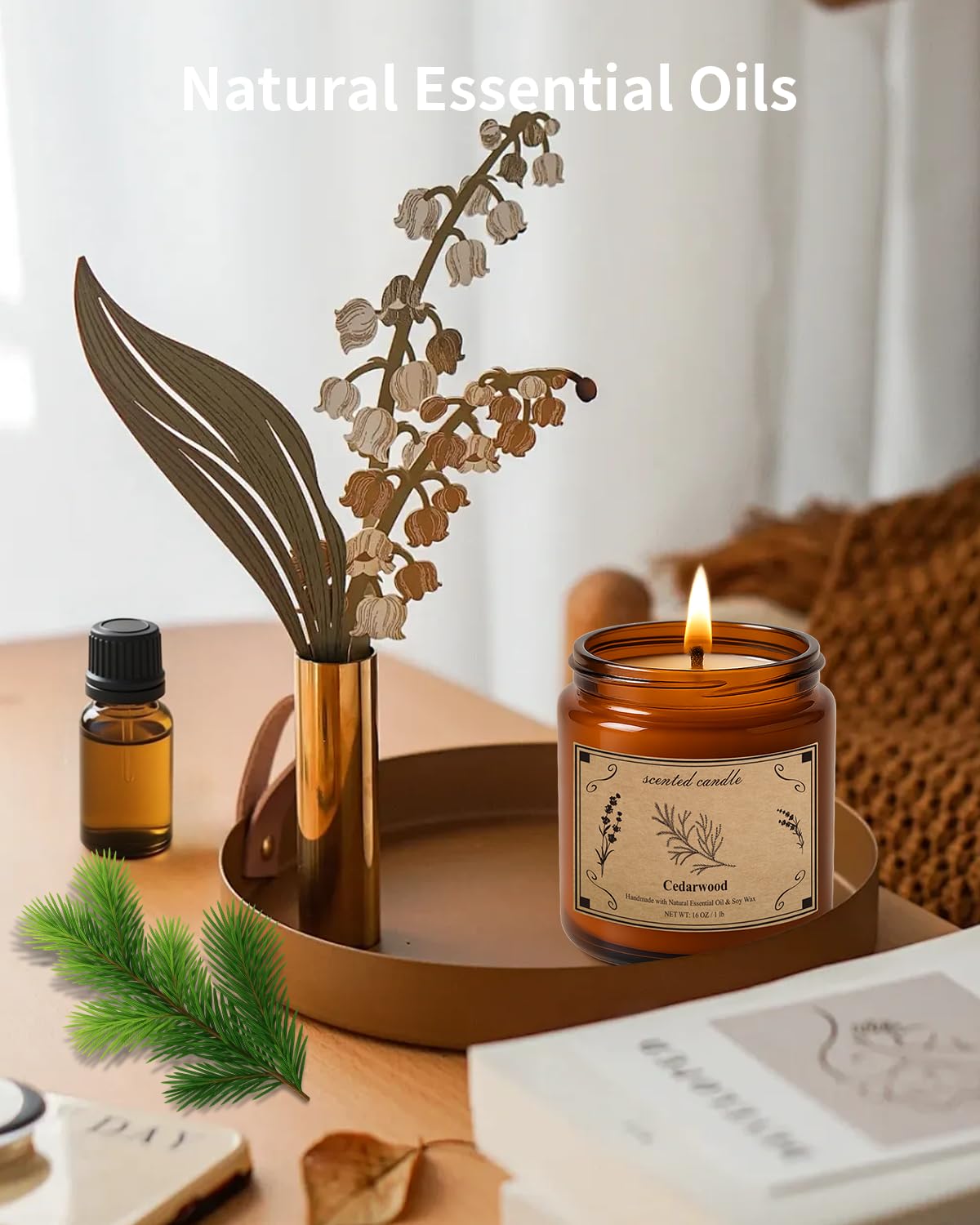 Close-up of cedarwood aroma in an amber glass jar with vintage design
