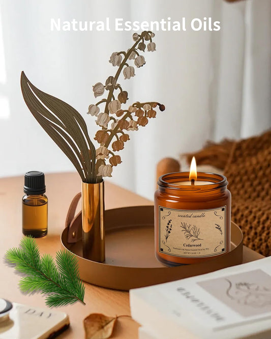 Close-up of cedarwood aroma in an amber glass jar with vintage design
