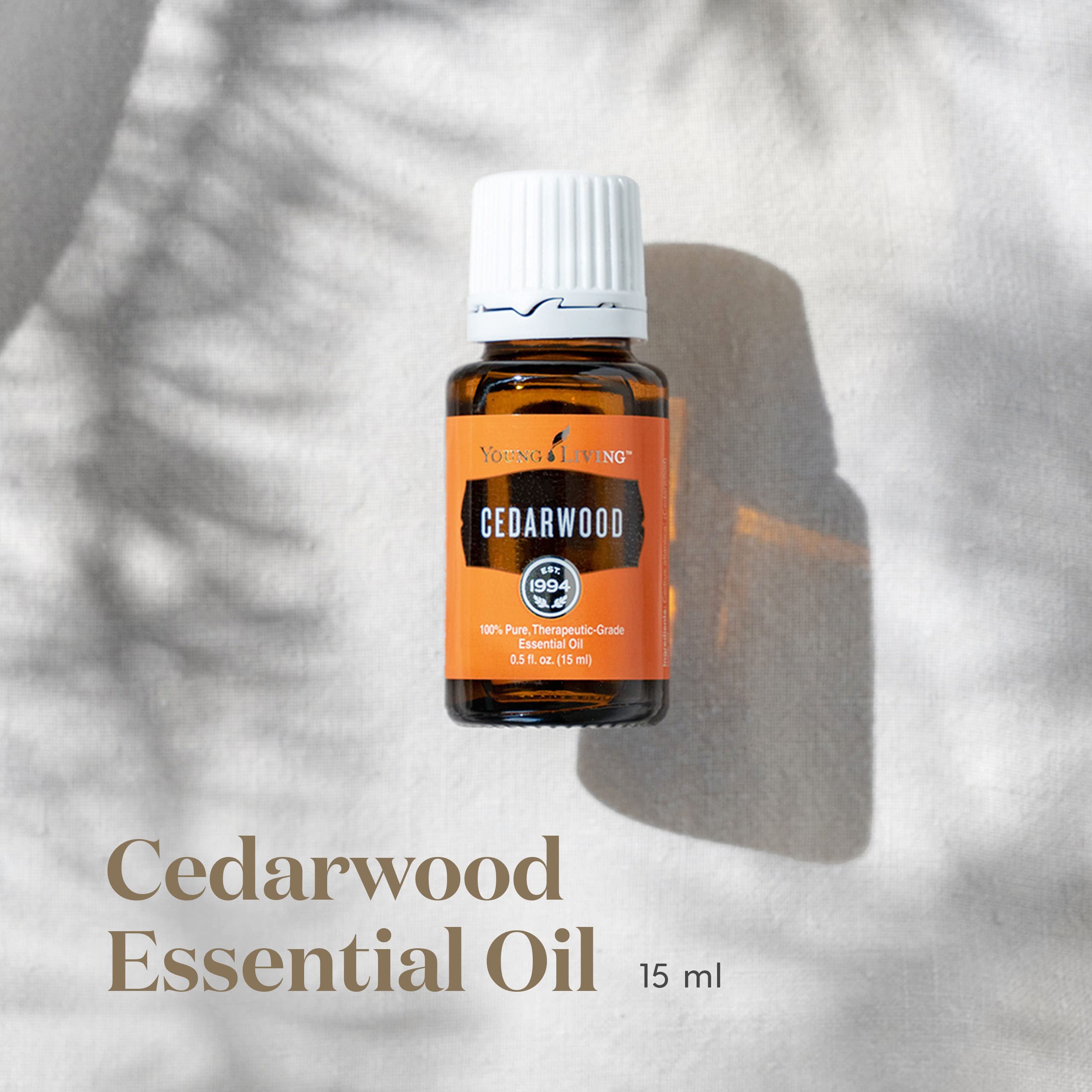 Close-up of Cedarwood Essential Oil 15ml bottle label