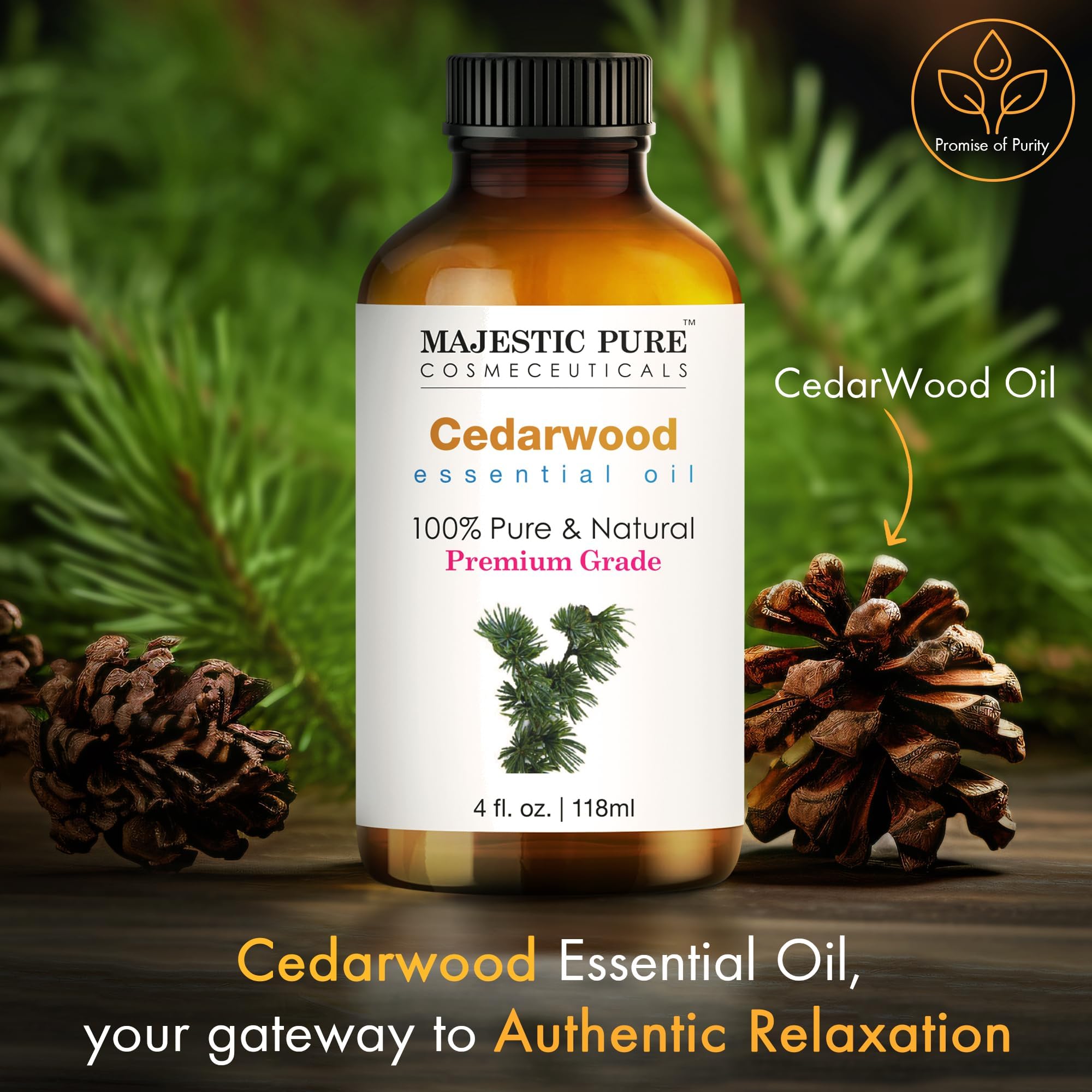 Amber glass bottle of cedarwood essential oil