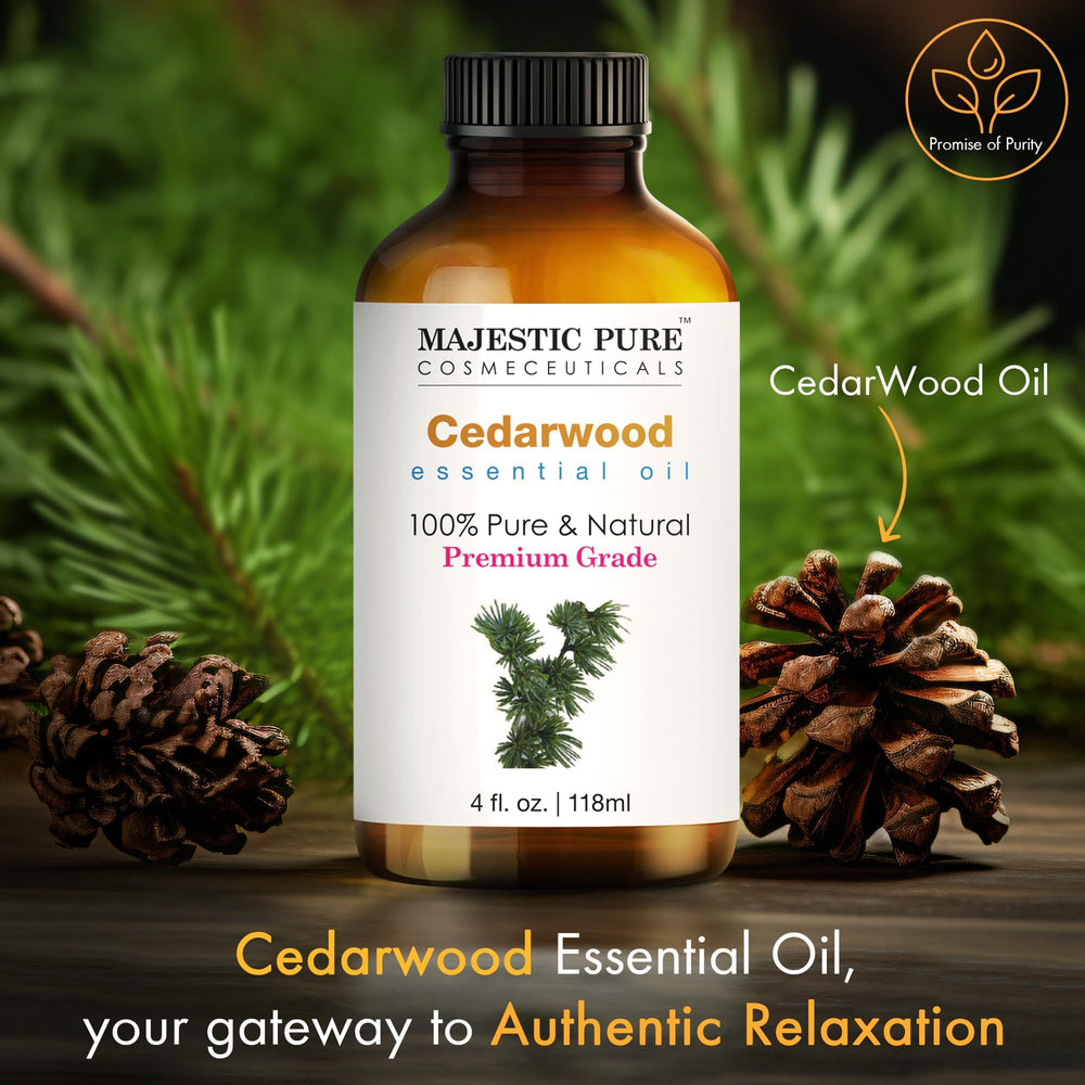 Amber glass bottle of cedarwood essential oil