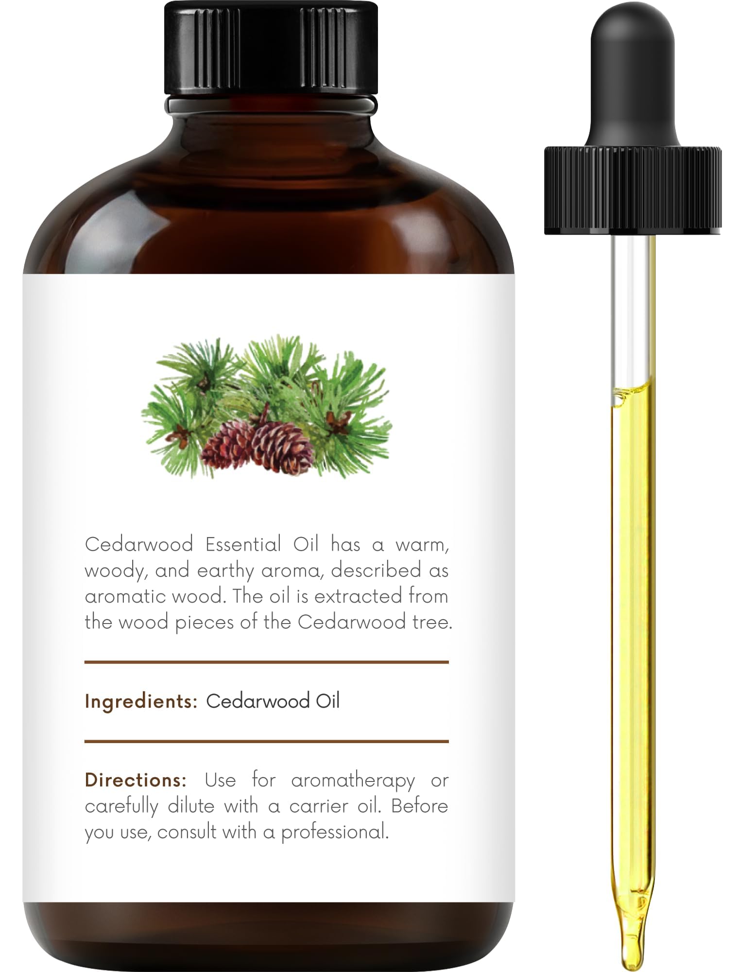 Close-up of Cedarwood Essential Oil bottle with lab-tested quality label