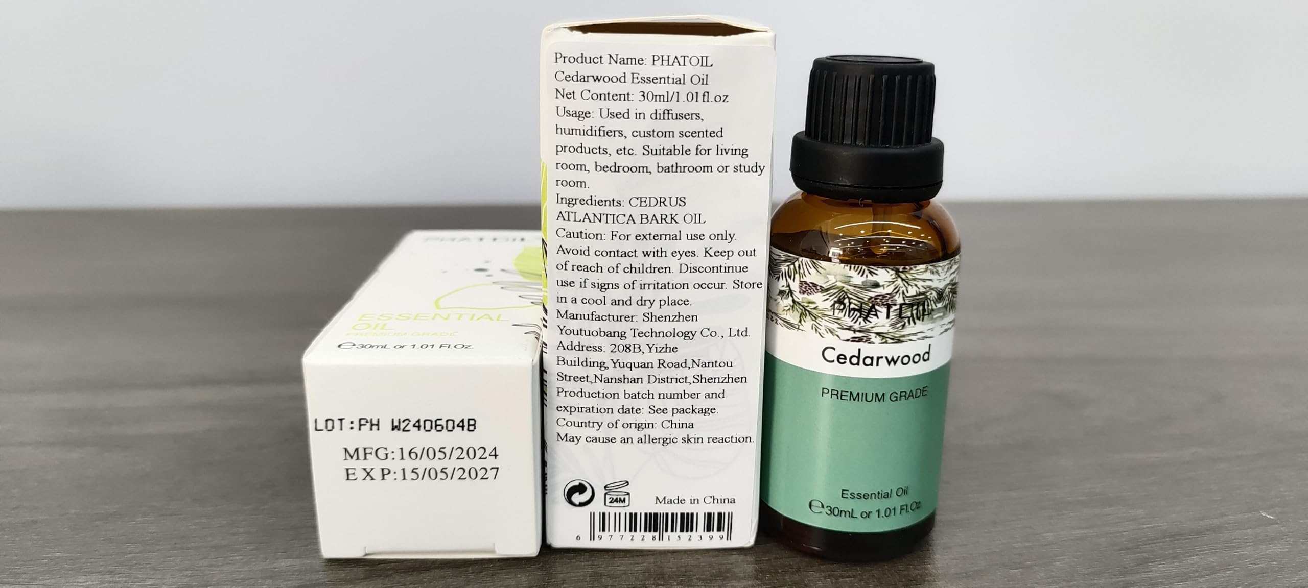 Close-up of cedarwood essential oil bottle label