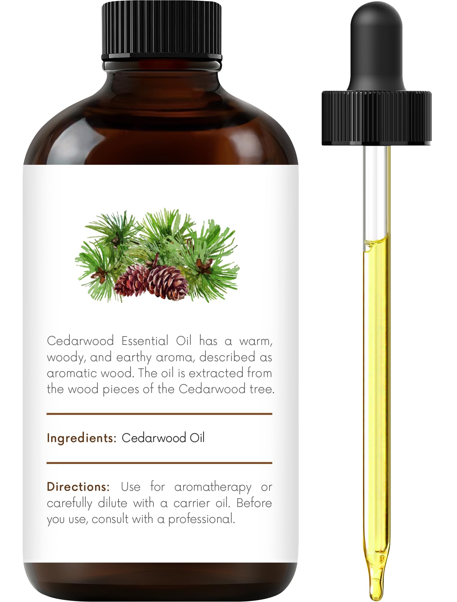 Premium amber glass bottle with dropper for Cedarwood Essential Oil