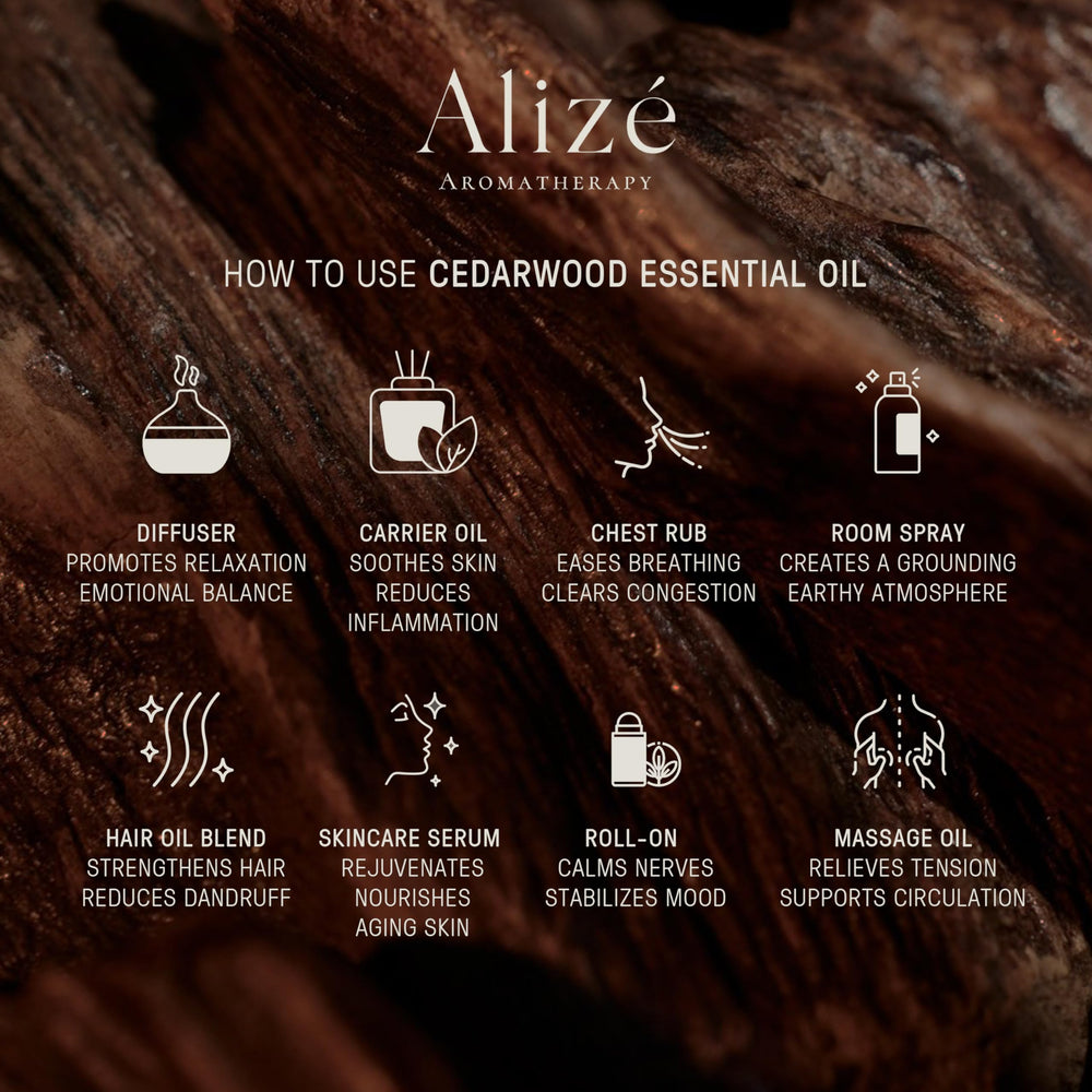 Cedarwood oil blended with lemongrass, rose, and frankincense